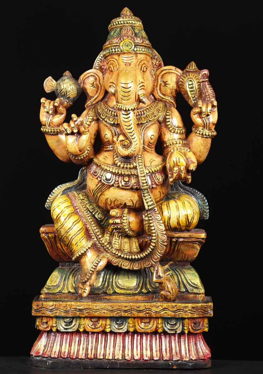 Wood Painted Ganesh Sculpture 24"